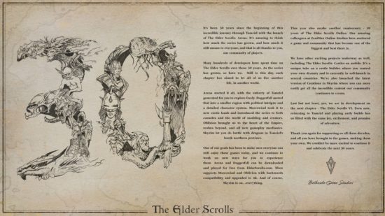 The Elder Scrolls 6 early builds playable: The official statement from Bethesda celebrating 30 years of The Elder Scrolls, including a large, artistic '30' designed using iconography from the series' history.