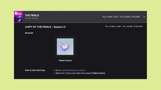 The Finals Twitch Drops March 2024: An image of the Twitch Charm in The Finals Twitch Drops.