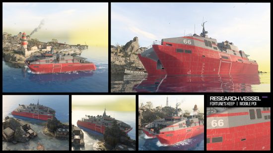 Warzone Season 2 Reloaded update: A collage of the new Research Vessel POI from outside.