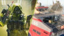 Warzone Season 2 Reloaded update: A diagonally split image with a soldier wearing a green outfit with a gas mask and hood on the left, and a close-up of a red and white ship on the right side.