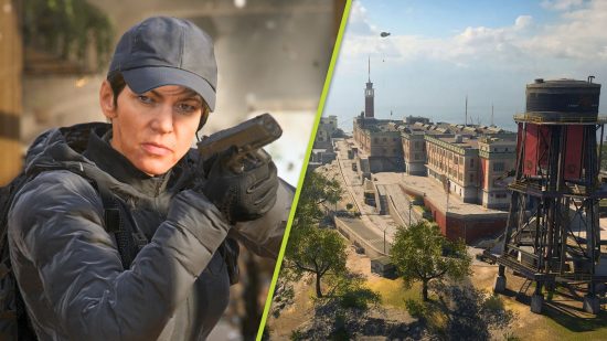 Warzone Rebirth Island: A split image of a woman in black military gear holding a pistol and an aerial shot of the Rebirth Island map from COD Warzone