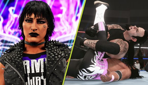 WWE 2K24 reviews: Rhea Ripley wearing black lipstick and a black studded jacket next to The Undertaker pinning Bret