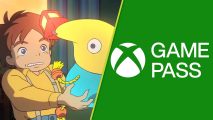 Xbox Game Pass games leaving Ni no Kuni Wrath of the White Witch: A split image with Oliver on the left looking surprised holding a creature with a lantern on its nose, while on the right is an Xbox Game Pass background.