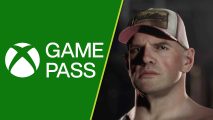 Xbox Game Pass March games: A split image showing a green xbox game pass logo and a stern-looking man in a baseball cap