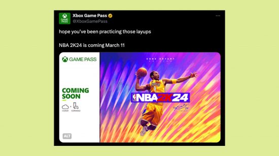 NBA 2K24 Xbox Game Pass: an image of the NBA 2K24 Xbox Game Pass announcement.