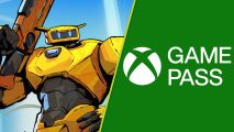Xbox Game Pass Roboquest Borderlands meets Hades: A split image with a yellow robot from the game holding a weapon, while on the right is the Xbox Game Pass logo.