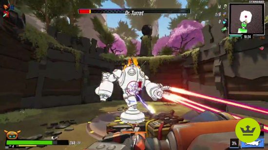 Xbox Game Pass Roboquest Borderlands meets Hades: The player fighting a large robot boss firing a red laser to the right.