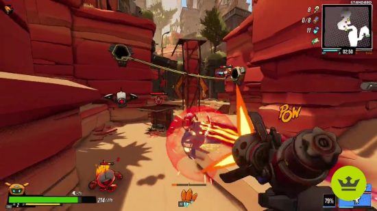 Xbox Game Pass Roboquest Borderlands meets Hades: Gameplay of Roboquest showing the player shooting a fire weapon at a group of robots in a desert area.