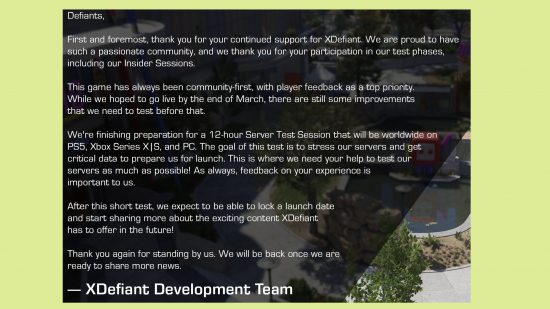XDefiant 12 hour server test: An image of the XDefiant update from Ubisoft about the game's launch date.