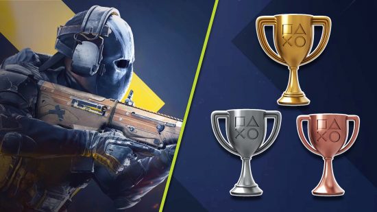 XDefiant Trophy list Platinum leaked PS5: A soldier from the game wearing a mask and holding a weapon, looking to the left. On the right are the Gold, Silver, and Bronze PS5 Trophy icons.