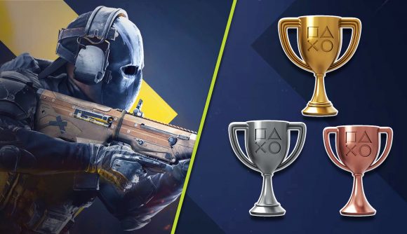 XDefiant Trophy list Platinum leaked PS5: A soldier from the game wearing a mask and holding a weapon, looking to the left. On the right are the Gold, Silver, and Bronze PS5 Trophy icons.