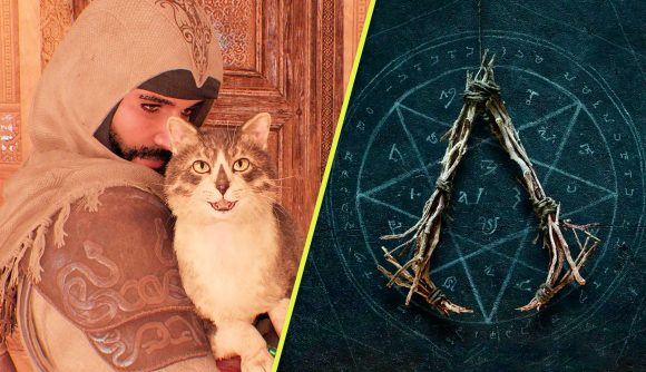 Assassin's Creed Hexe powers: An image of Basim holding a cat Assassin's Creed Mirage and the AC Hexe logo.
