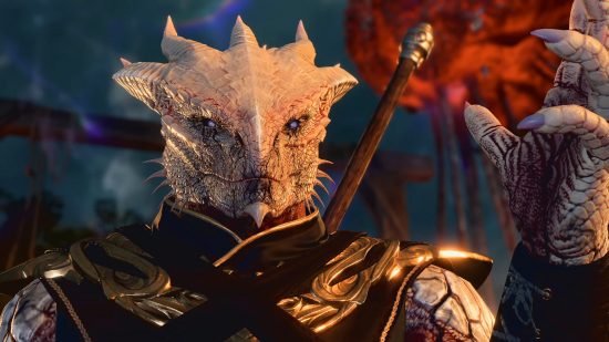 Baldur's Gate 3 Patch 7 evil endings: a lizard-like creature wearing a black and gold outfit