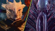 Baldur's Gate 3 Patch 7 evil endings: a lizard-like creature next to a purple mind-flayer
