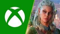 Baldur's Gate 3 Xbox sale: A split image showing a white Xbox logo on a green background, and a woman with a frowning expression with shoulder length grey hair