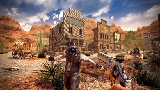Best Xbox zombie games: A first-person view of someone aiming a revolver at a zombified biker with a Western movie set in the background