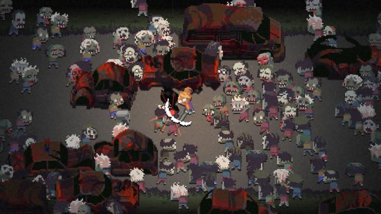 Best Xbox zombie games: A screenshot of a top-down 8-bit game where a players with a sword is surrounded by zombies
