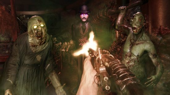 Best Xbox zombie games: A first-person view of someone shooting a shotgun at a spooky, purple-faced man in a top hat and two zombies