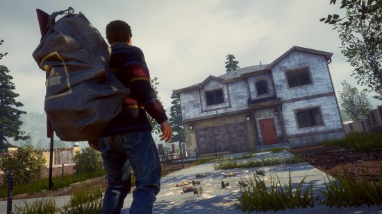 Best Xbox zombie games: A man wearing a massive backpack stares up at a half-built house