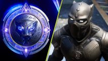Black Panther game open-world: the Black Panther emblem next to the man himself, wearing his iconic get-up
