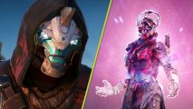 Destiny 2 The Final Shape exotics: A close up of Cayde-6 with a hood over his head next to a zoomed out shot of a Guardian radiating a pink, glowing aura