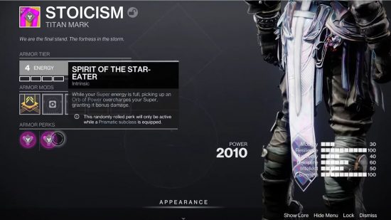 Destiny 2 The Final Shape exotics: A screenshot of a Destiny 2 menu screen showing stats for the Stoicism Exotic class item