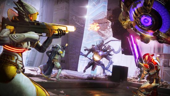 Destiny 2 weapon sunsetting: a group of guardians fight off waves of powerful opponents