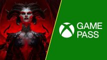 Diablo 4 Xbox Game Pass 10 million hours: Lilith with her large horns next to the Game Pass logo