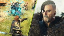 Dragon's Dogma 2 new update Pawn cliffs: an adventurer fighting a monster with blue magic, next to a man with silver hair wearing a brown cloak