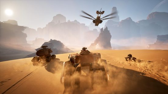 Dune Awakening preview GDC: a series of vehicles moving through the sand at high speeds