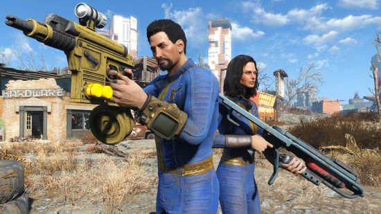 Fallout 4 next-gen update: two people with black hair wearing blue jumpsuits, wielding strange guns