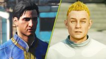 Fallout 4 next-gen update: a man with black hair wearing a blue jumpsuit, next to a blonde man in a white top