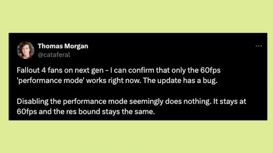 Fallout 4 Xbox next gen update performance mode: An image of Digital Foundry's Thomas Morgan on social media.