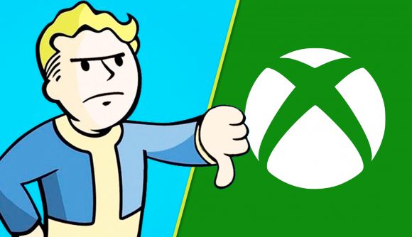 Fallout 4 xbox next gen update: An image of Vault Boy with his thumbs down in Fallout 4 and the Xbox logo.