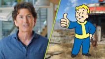 Fallout 5: A split image showing Bethesda's Todd Howard in a blue shirt, and the Vault Boy mascot from Fallout striking a thumbs up pose