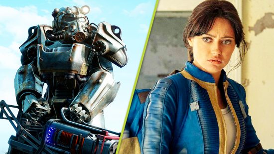 Fallout Season 2 Fallout 4 Sales: An image of Ella Purnell in the Fallout TV Show on Amazon Prime, and a Knight in Power Armor in Fallout 4.