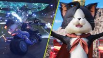 Final Fantasy 7 Rebirth Can't Stop Won't Stop: Cloud fighting on his motorcycle, next to Cait Sith wearing a red cape and tiny golden crown