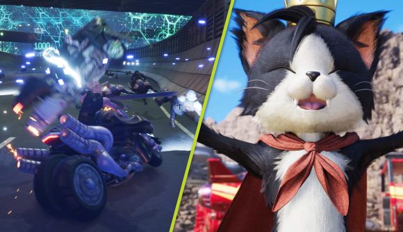Final Fantasy 7 Rebirth Can't Stop Won't Stop: Cloud fighting on his motorcycle, next to Cait Sith wearing a red cape and tiny golden crown