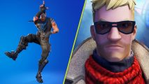New Fortnite update see controversial emotes: a Fortnite character doing the L emote next to a blonde man wearing a red sweater and sunglasses