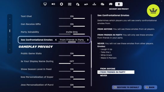 New Fortnite update See Controversial Emotes: settings screen
