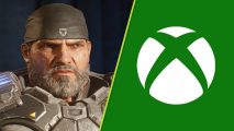 Gears 6 Xbox showcase: A bearded Marcus from Gears of War with a concerned expression and a white Xbox logo on a green background