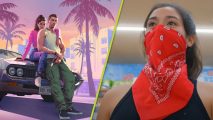GTA 6 trailer: A split image showing the key art for GTA 6 and a woman in a black top with a red bandana covering her mouth