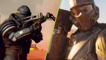 Helldivers 2 update: two screenshots from Helldivers 2, one showing a soldier holding a crossbow and the other a closeup of a soldier holding a rocket launcher, divided by a green line