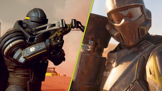 Helldivers 2 update: two screenshots from Helldivers 2, one showing a soldier holding a crossbow and the other a closeup of a soldier holding a rocket launcher, divided by a green line