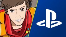 Hi-Fi Rush PS Store sale: Chai wearing his trademark orange and red attire next to the PlayStation logo