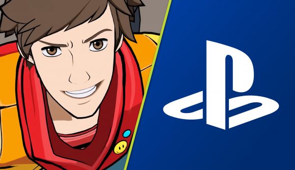 Hi-Fi Rush PS Store sale: Chai wearing his trademark orange and red attire next to the PlayStation logo