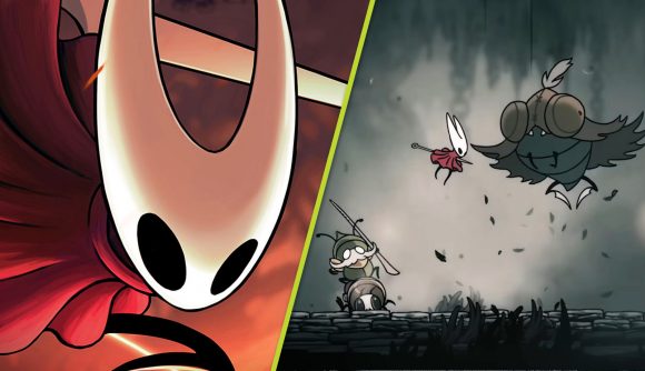 Hollow Knight Silksong rating Australia: Hornet wearing her patented red cloak next to an image of her fighting bugs