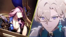Honkai Star Rail Jade reveal: Jade with her blue hat and pink hair next to the blonde-haired Aventurine