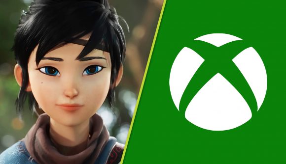 Kena Bridge of Spirits Xbox: a dark-haired girl with blue eyes next to the Xbox logo