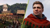 Kingdom Come Deliverance 2 release date: A brigade of soldiers outside medieval buildings and a close up of a man in a medieval green and red outfit